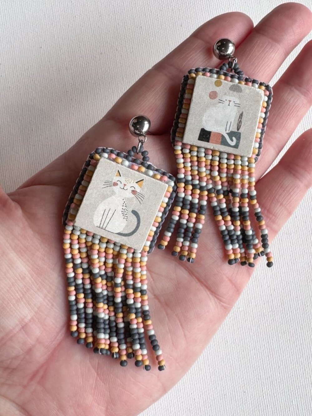 Handmade Ceramic Cat Fringe Earrings Beaded Statement Dangles - Picture 2 of 10